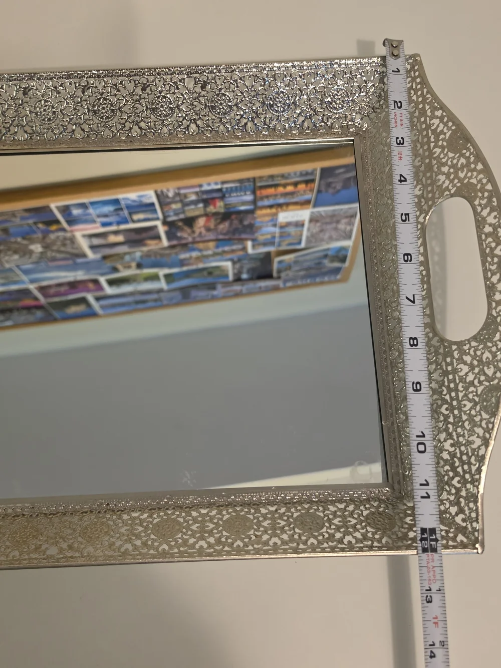 Gold Tone Mirrored Metal & Glass Serving Tray w/ Handles Floral Rectangle 18x13
